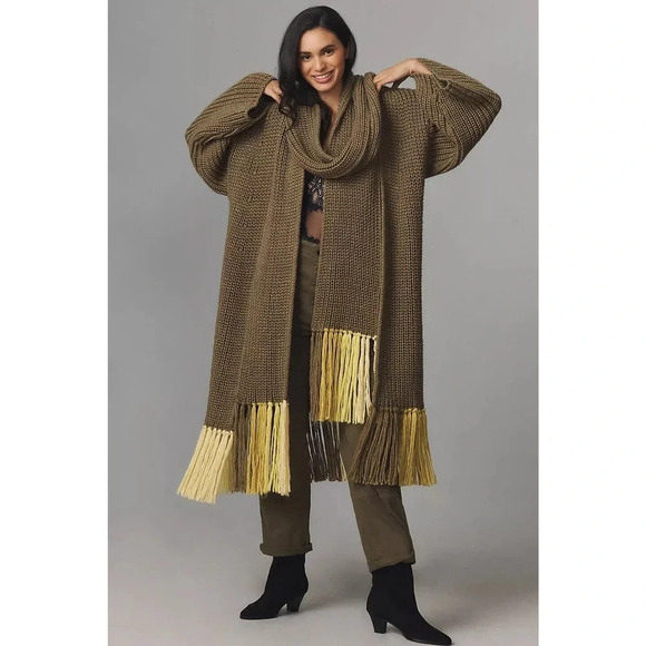 NWT By Anthropologie Colorful Fringe Scarf Olive 130'' L - Picture 1 of 8